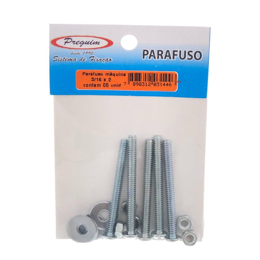 Cartela Parafuso Rosca Máquina Preguim (J) Redonda 3/16 X 2+PORCA+ARRUELA com 05 Peças 1446