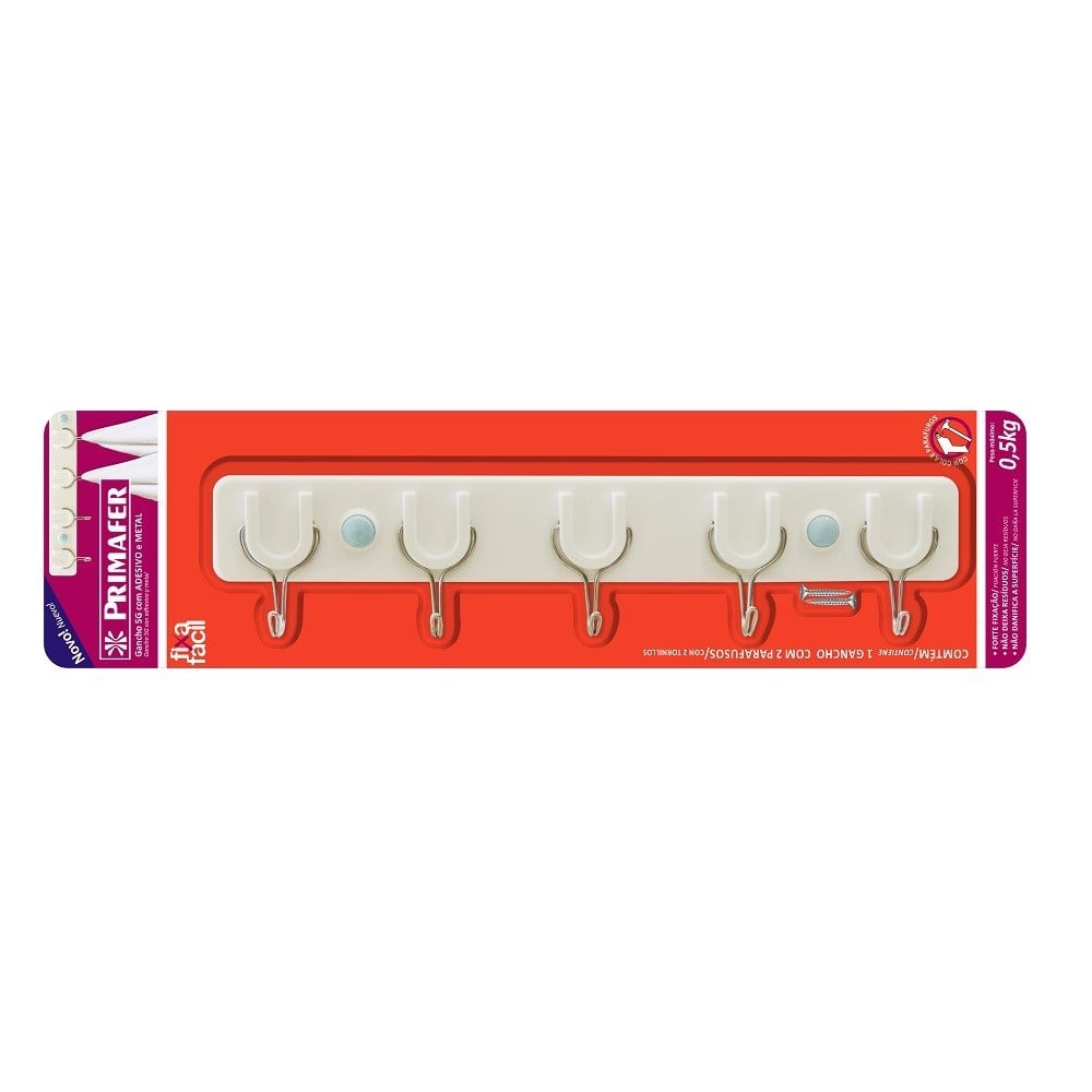 Gancho Adesivo Primafer Branco Plástico / Metal 0.5 Kg 1 Peça com 5 Ganchos PR2565