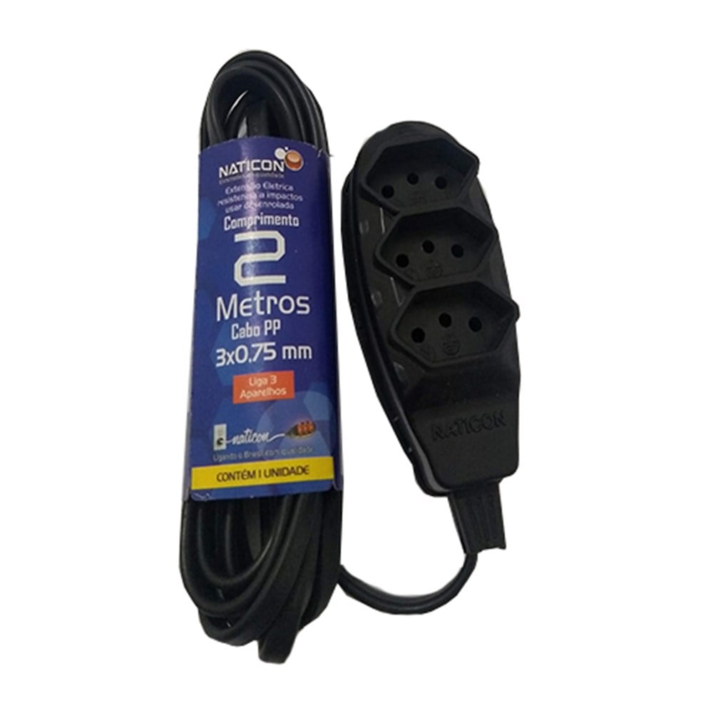 Extensão Naticon Tripla 2P+T PP 2X0.75 Preta 2M 563